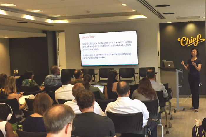 Melanie Phung explaining common technical SEO mistakes to WordPress developers